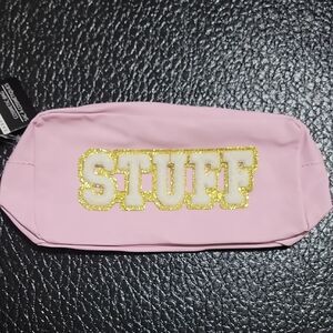 Sassy + Chic Pink with Gold and White 'STUFF' Embroidery Cosmetic Bag
